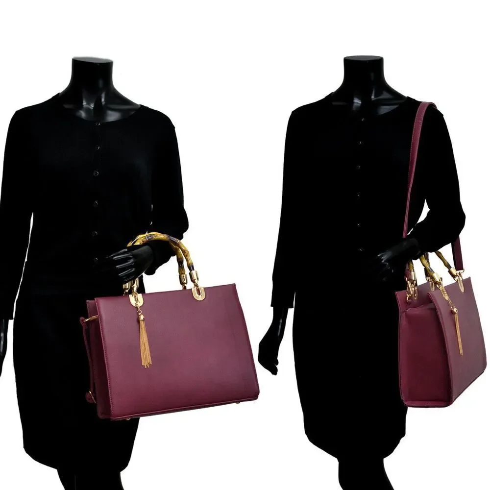 Dasein Medium Wine Satchel Wooden Bamboo Top Handle Handbag